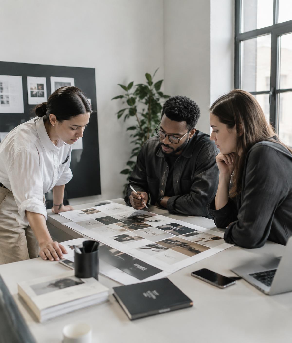 Marketing team reviewing brand and campaign layouts